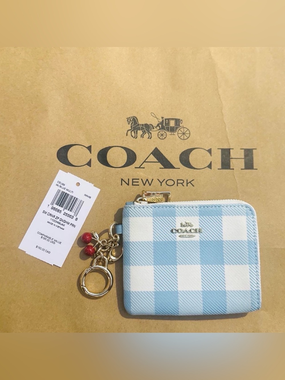 Coach Blue and White Gingham Zip Card Case with Keyring